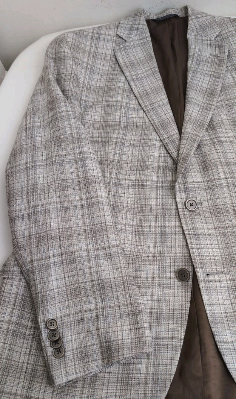 Jack Victor Omega Mens Gray/Beige Wool & Silk 2 Button Plaid Sport Coat Size 40R